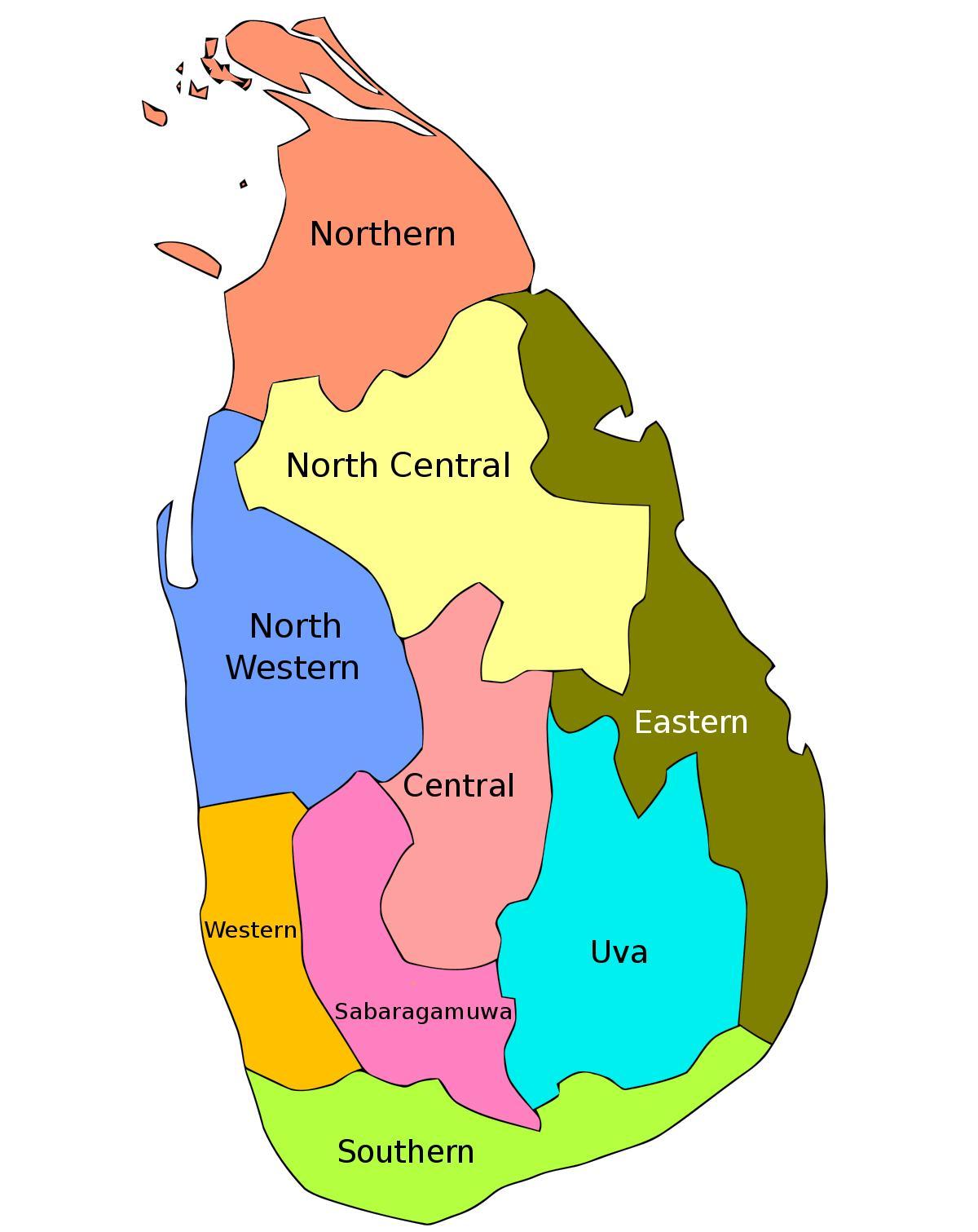 Sri Lanka kaart provintsid linnaosades