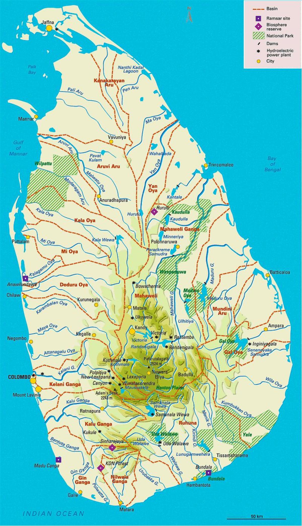 kaart Sri Lanka reservuaarid