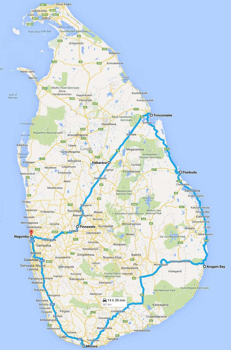 Sri Lanka parimad rannad kaart