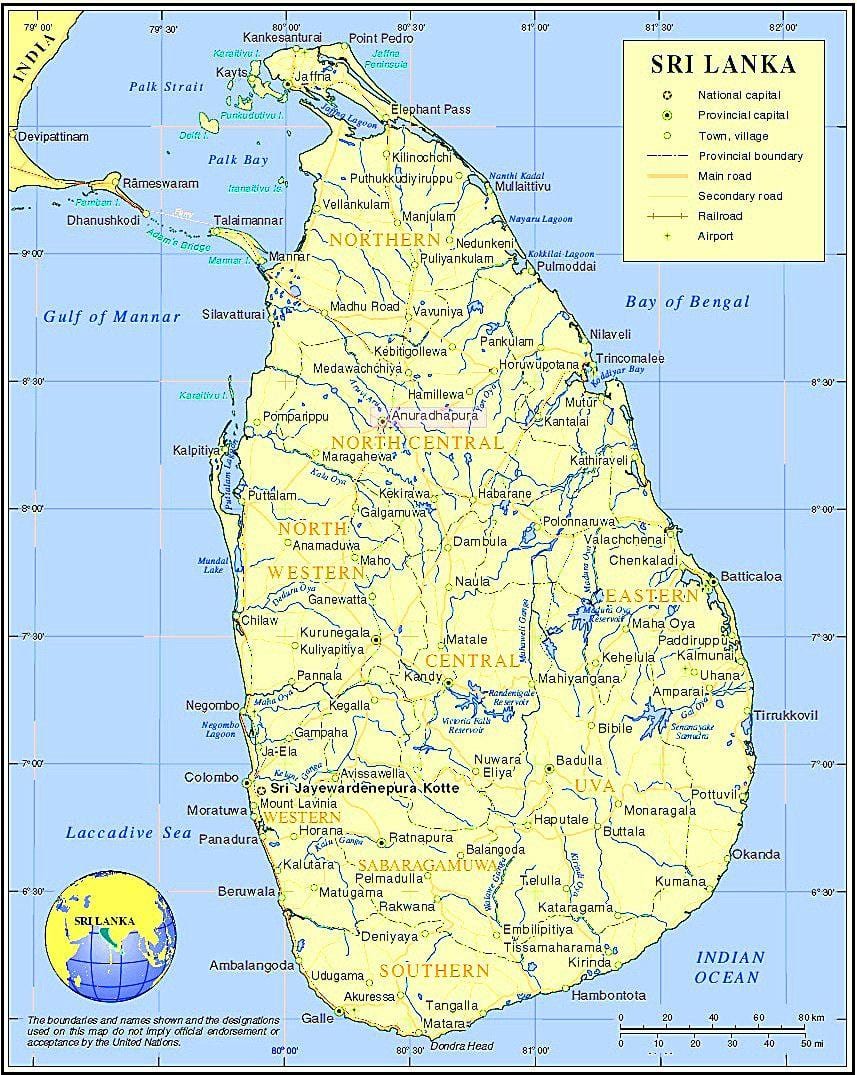 kaart Sri Lanka ajaloolisi kohti